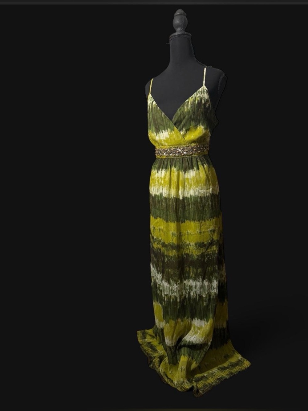 Apt. 9 Olive and Yellow Tie-Dye Maxi Dress with Beaded Waist